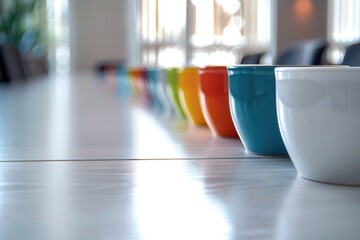 Poster - A row of colorful coffee cups on a table, ready for use