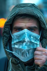 Poster - A person wearing a face mask talks on their cell phone, possibly in a public place or during an outbreak