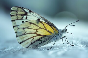Poster - A close-up shot of a colorful butterfly perched on a white surface, ideal for illustrations and designs