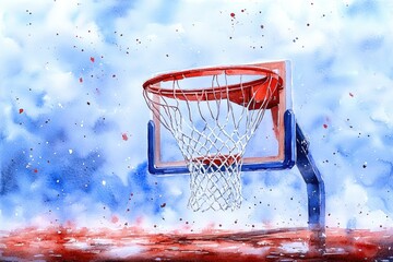 Poster - A watercolor painting of a basketball hoop with a simple and colorful design