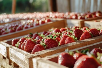 Poster - A wooden crate full of ripe strawberries