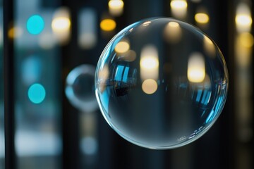 Poster - A close-up view of a glass ball with colorful lights in the background, ideal for use in decorative or celebratory scenes