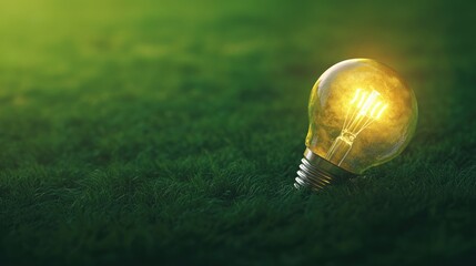Poster - A lone light bulb sits atop a lush green field, great for illustrations or design concepts