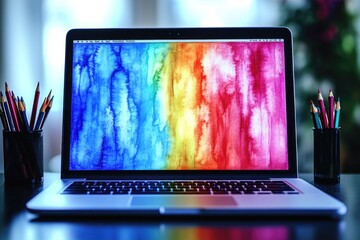 Poster - A laptop computer sits on top of a desk