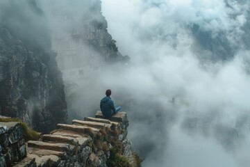 Wall Mural - A person sitting on the edge of a cliff with stunning scenery in the background