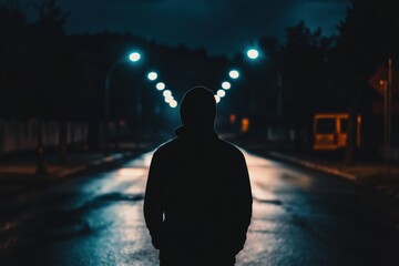 Aufkleber - A lone person stands on a deserted street at night, surrounded by glowing streetlights, with a dark sky above offering space for text. Generative AI
