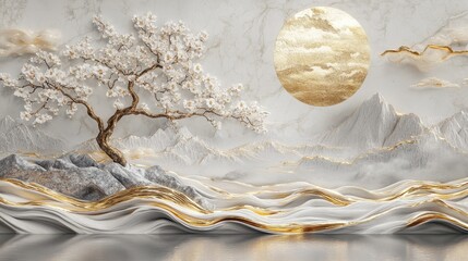 Wall Mural - stucco molding highlighted with gold, portraying chinese and japanese landscapes, a waterfall, mount