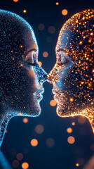 Poster - Two glowing abstract figures face each other, symbolizing a connection through artificial intelligence