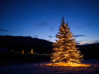 Wall Mural - A serene sunset behind a row of Christmas tree silhouettes in a winter landscape, cold, snowy, sunset