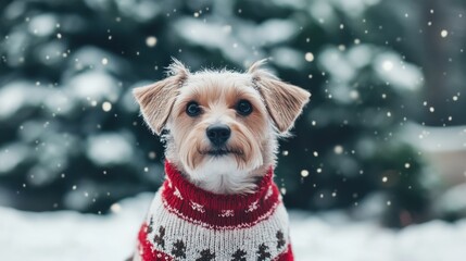 Poster - A cute dog in a colorful festive winter sweater sits calmly in a snowy landscape, surrounded by gentle snowfall and a serene environment. Generative AI