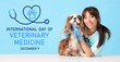 © Pixel-Shot - Female doctor with cute dog on light blue background. Banner for International Day of Veterinary Medicine