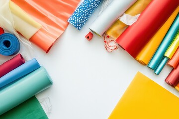Poster - Colorful gift wrapping items including papers, ribbons, and cards are neatly laid out, providing ample space for personalized messages. Generative AI