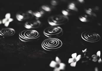 Poster - Elegant Black and White Composition of Spiral Metal Pieces and Delicate White Flowers on Dark Background, Capturing Minimalist and Natural Beauty