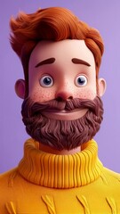 Poster - Cheerful talking cartoon man with a beard wearing a yellow turtleneck sweater. AI.