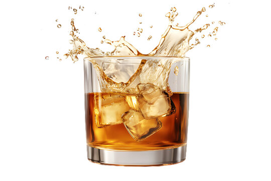 Refreshing Whiskey Splash in Glass with Ice Cubes – Perfect for Beverage and Relaxation Themes