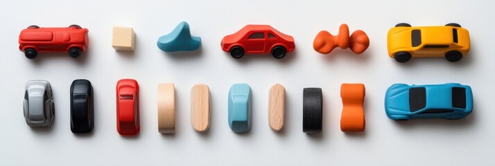 Aufkleber - brightly colored children's toys like cars, blocks, and dolls arranged flat on a white surface, prov