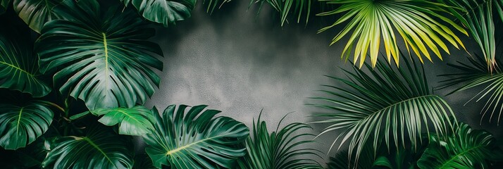 Wall Mural - A vibrant collage of various tropical leaves on a gray backdrop.