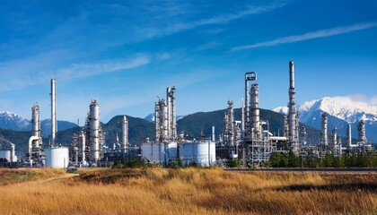 industrial refinery complex against a blue sky and mountain range