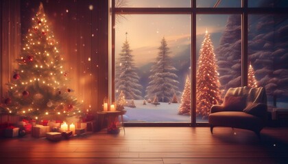 Wall Mural - blurred vision holiday room interior with cozy christmas tree and winter views generative ai