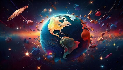 Wall Mural - earth surrounded by space debris and stars