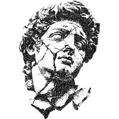 Fototapete - Broken antient statue head, collage element with vintage stipple photocopy effect, with retro grainy texture. Vector illustration for grunge psychedelic surreal poster or tattoo in 90s aesthetic.