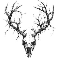 Fototapete - Mystical antler skull, collage element with vintage stipple photocopy effect, with retro grainy texture. Vector illustration for grunge psychedelic surreal poster or tattoo in 90s aesthetic.