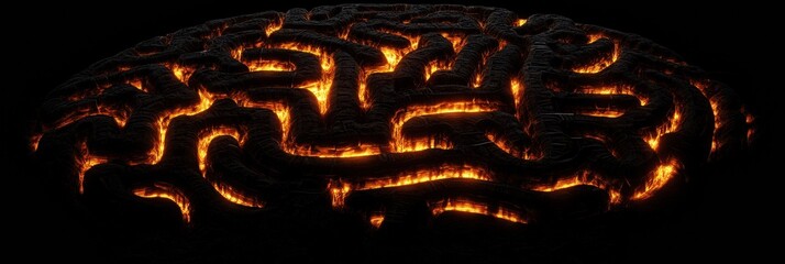 Fototapete - A human brain intricately crafted as a labyrinth features glowing pathways, offering significant copy space for creative text integration. Generative AI
