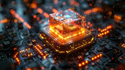 Poster - Glowing CPU on circuit board; digital technology concept.