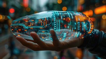 Poster - Hand holding futuristic transparent device with glowing circuits.