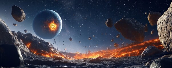 Wall Mural - an illustration of a space game background showing flying rocks, planets in a starry sky, and cracke