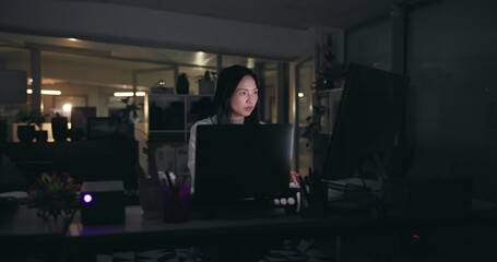Aufkleber - Night, business and woman with computer, connection and deadline with journalist. Asian person, evening and employee with technology, research for article and feedback for project and internet