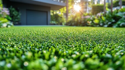 Wall Mural - A lush green lawn with a sun shining on it. The sun is in the background and the grass is very green