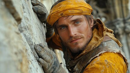 Aufkleber - A man wearing a bright yellow outfit leans against a brick wall, looking relaxed