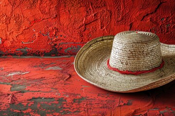 Poster - A straw hat sits on a bright red floor, ready for use or display