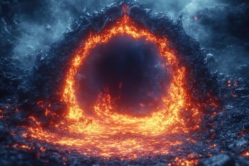 Poster - A warm glow in the darkness, a fire burning bright inside a cave