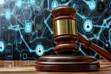 Poster - A wooden gavel resting on a wooden table, suitable for use in various settings such as courtrooms, offices, or homes