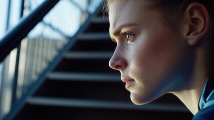 Poster - A woman wearing a blue jacket looks at her cell phone, possibly checking messages or making a call
