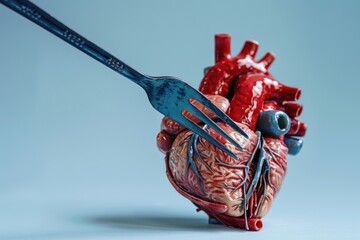 Poster - A fork stuck into a detailed 3D model of the human heart, suitable for medical or educational illustrations
