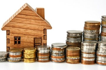 Poster - A small wooden house sits atop a pile of coins, symbolizing wealth and prosperity