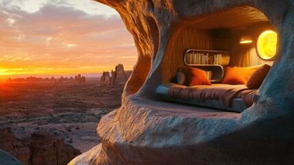 Aufkleber - Cozy bed in a cave with a warm sunset glow in the background