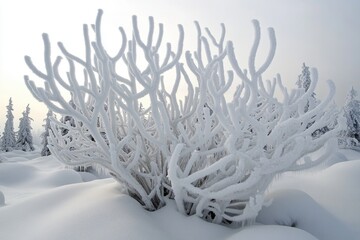 Poster - A lone bush stands out in the midst of a snowy forest, its branches heavy with white coating