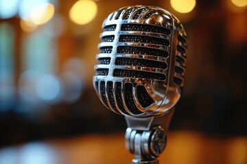 Poster - A close-up shot of a microphone sitting on a table, perfect for representing sound equipment or studio settings