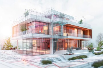 Poster - Architectural design of a modern building with a glass facade, ideal for business or office use