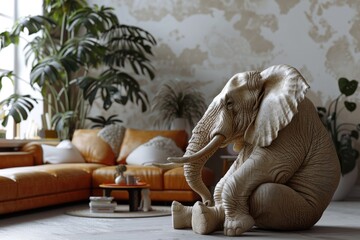 Poster - A realistic elephant sculpture sitting on a sofa in a cozy living room, perfect for home decor and interior design projects