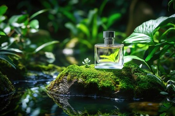 Poster - A bottle of perfume sits atop a moss-covered rock, perfect for a nature-inspired photo shoot or decorative display
