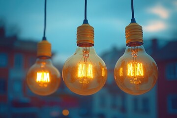 Poster - Group of light bulbs hung from a ceiling for lighting or decoration, suitable for interior design or event planning