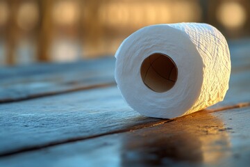 Poster - A single roll of toilet paper resting on a wooden table, ideal for use in illustrations and designs