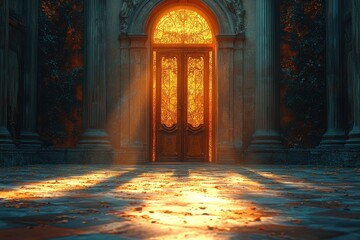 Poster - A door with a warm light shining through, suitable for use in interior or exterior designs