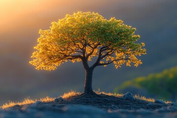 Aufkleber - A single tree stands out against a beautiful sunset on a hill
