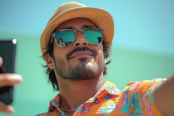 Poster - A person wearing a hat and sunglasses taking a photo of themselves